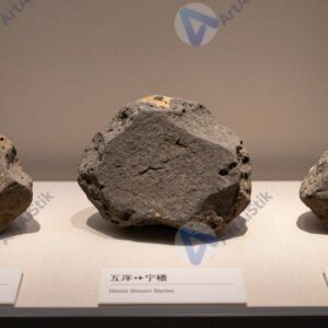 Камни‑метеориты на витрине музея с подписями.