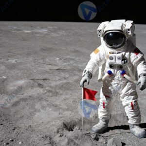 Астронавт ставит флаг на пыльной поверхности Луны.