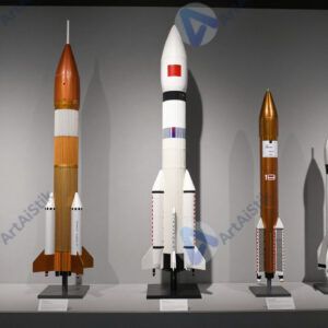 Стенд с макетами ракет разных эпох в музее космонавтики.