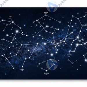 Художественный постер с картой звёздного неба и подписями созвездий.