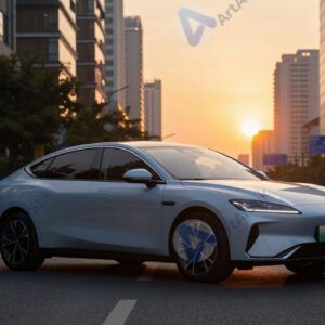 Современный седан на городской улице в закате.