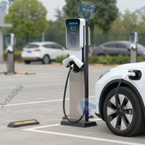 Электромобиль заряжается от станции на парковке.