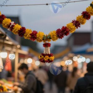 Bokeh от гирлянд на уличном рынке в сумерках.