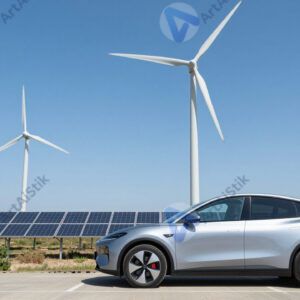 Электромобиль на фоне ветряков и солнечных панелей.