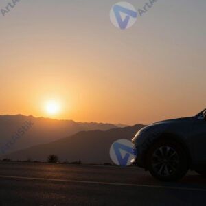 Силуэт автомобиля на горной дороге на фоне заката.