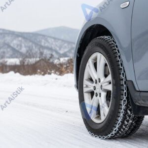 Автомобиль на фоне заснеженной горной дороги