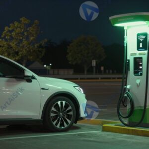 Машина стоит у зарядной станции с зелёной подсветкой ночью.
