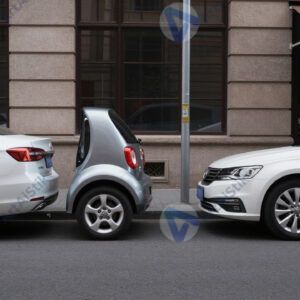 Маленький городской автомобиль припаркован между двумя большими седанами.