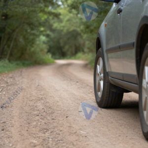 Машина в лесу на грунтовой дороге