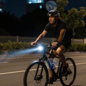 Байкер в шлеме едет по ночному городу