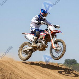 Мотокроссовый мотоцикл прыгает через холм на грунтовой трассе.