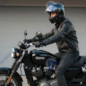 Байкер в кожаной куртке и шлеме сидит на мотоцикле у гаража.