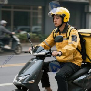 Городской курьер на скутере с коробкой доставки за спиной.