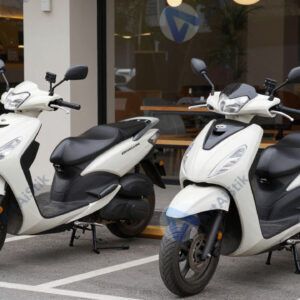 Два мотоцикла стоят бок о бок на стоянке у кафе.