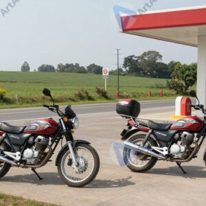 Два мотоцикла стоят у заправки на загородной трассе.