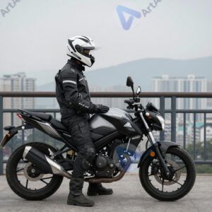 Байкер стоит рядом с мотоциклом на обзорной площадке над городом.