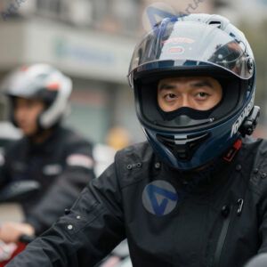 Байкер в мотошлеме смотрит в камеру