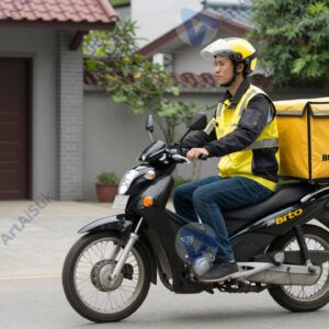 Мотокурьер выезжает со двора с коробкой доставки.