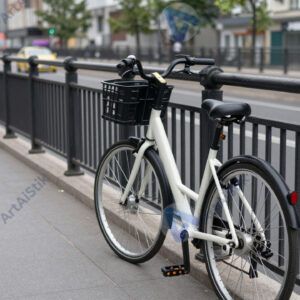 Городской велосипед припаркован у перил на набережной.