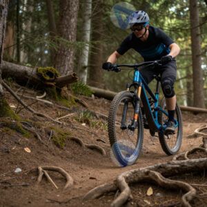 Маунтинбайкер спускается по лесной тропе с корнями.