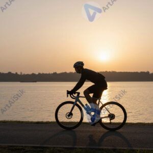 Велосипедист едет по набережной на рассвете