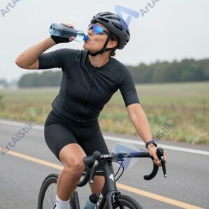 Велосипедист пьёт воду у обочины во время поездки.