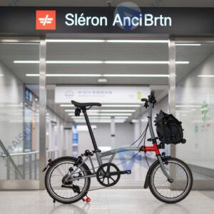 Разложенный складной велосипед у входа в метро.