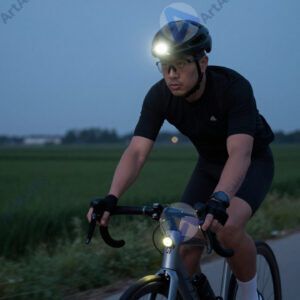 Велосипедист с фарой и задним фонарём едет в сумерках.