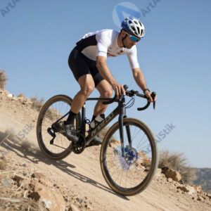 Велосипедист крутит педали стоя на крутом подъёме.