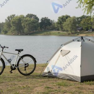 Велосипед возле палатки в кемпинге на берегу озера.