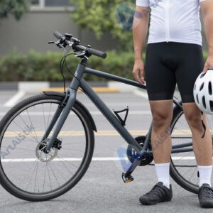 Велосипедист держит шлем в руке