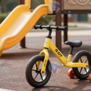 Детский баланс‑байк стоит у детской площадки.