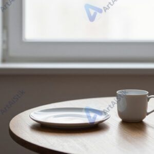 Стол у окна с одной тарелкой и чашкой