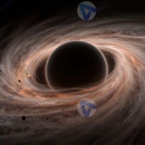 Художественная визуализация чёрной дыры и аккреционного диска.