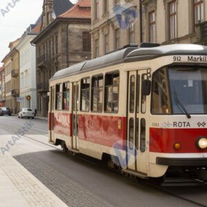 Трамвай едет по улицам исторического центра города.