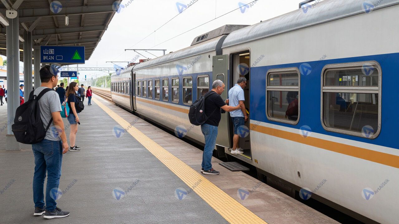 Железнодорожный поезд на перроне, пассажиры выходят из вагонов. Железнодорожный поезд на перроне