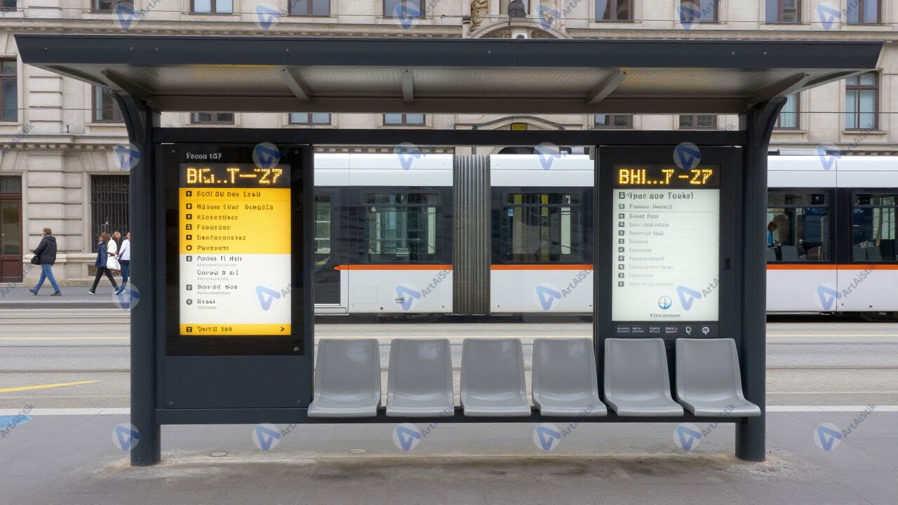 Трамвайная остановка с электронным табло и сиденьями. Трамвайная остановка с электронным табло и сиденьями.
