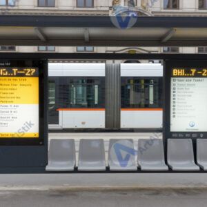 Трамвайная остановка с электронным табло и сиденьями.