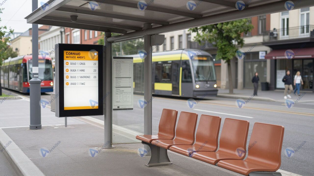 Трамвайная остановка с электронным табло и сиденьями. Трамвайная остановка с электронным табло и сиденьями.