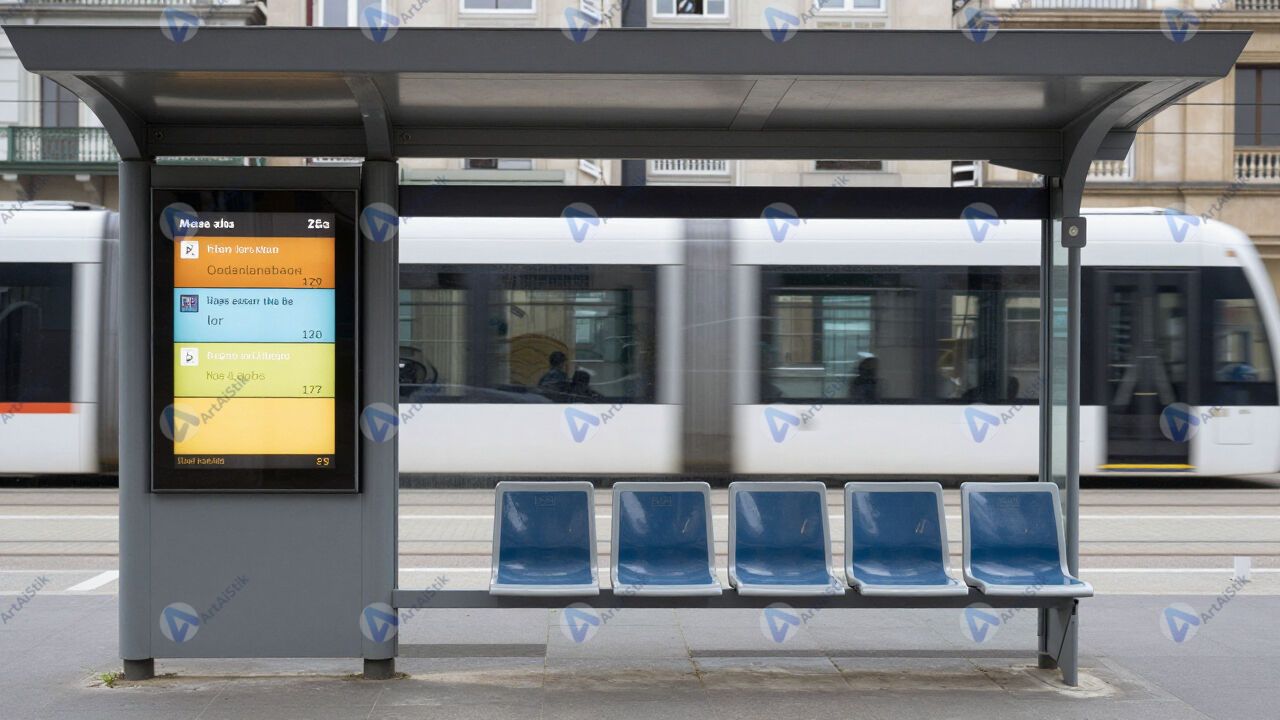 Трамвайная остановка с электронным табло и сиденьями. Трамвайная остановка с электронным табло и сиденьями.