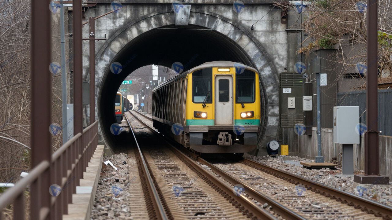 Рельсы и подъезжающий поезд метро в тоннеле. Рельсы и подъезжающий поезд метро в тоннеле.