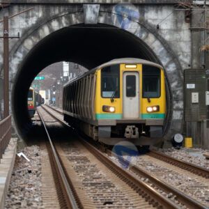Рельсы и подъезжающий поезд метро в тоннеле.
