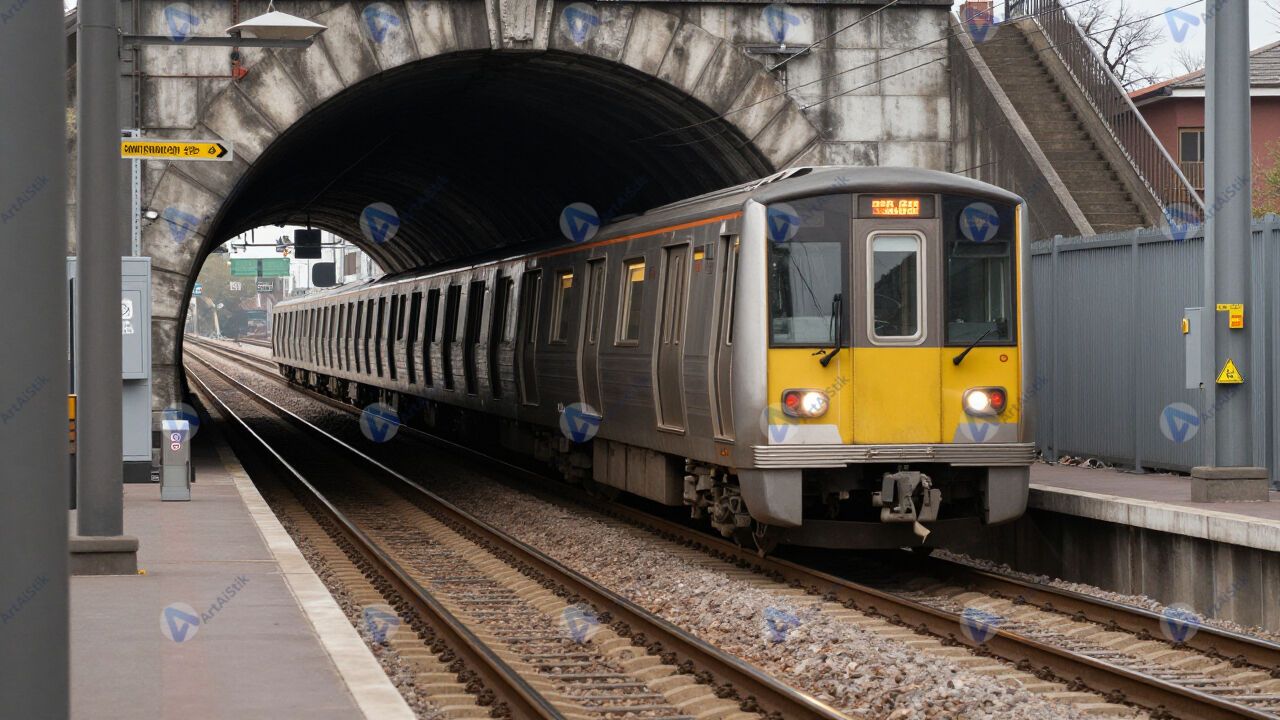 Рельсы и подъезжающий поезд метро в тоннеле. Рельсы и подъезжающий поезд метро в тоннеле.