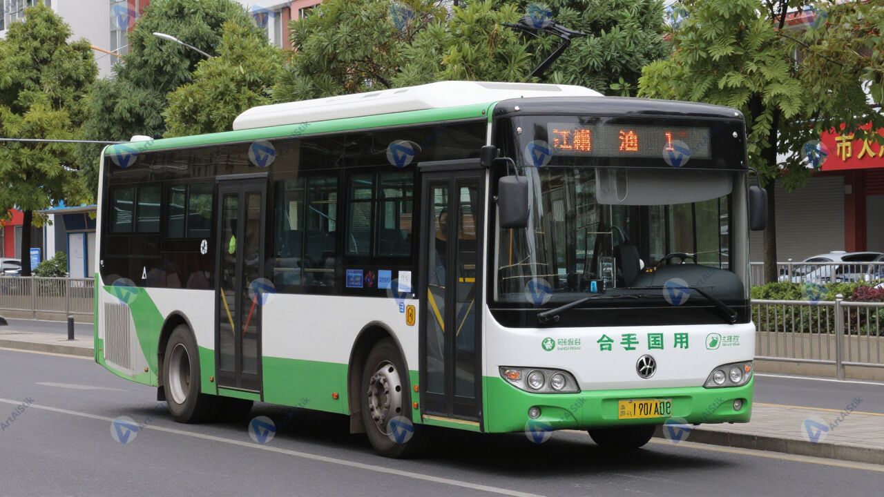 Электробус с зелёной маркировкой на остановке. Электробус с зелёной маркировкой на остановке.