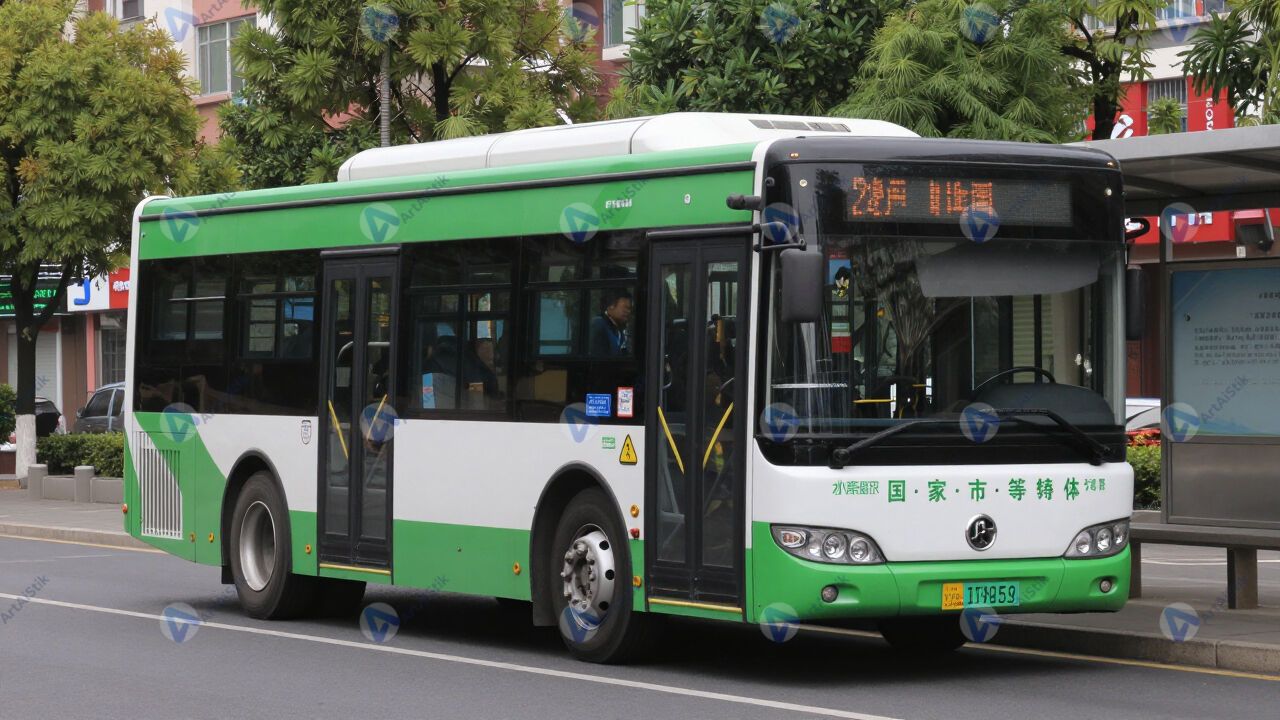 Электробус с зелёной маркировкой на остановке. Электробус с зелёной маркировкой на остановке.