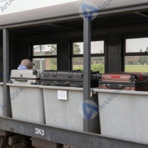 Вагон поезда с полками и чемоданами пассажиров.