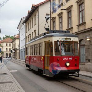 Маленький городской трамвай едет по узкой улочке старого квартала.
