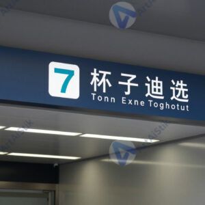 Вход в метро с указателями и логотипом транспорта.