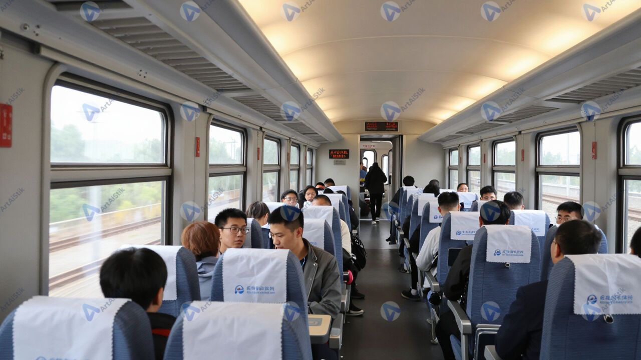 Внутри поезда дальнего следования, пассажиры смотрят в окно. Внутри поезда дальнего следования