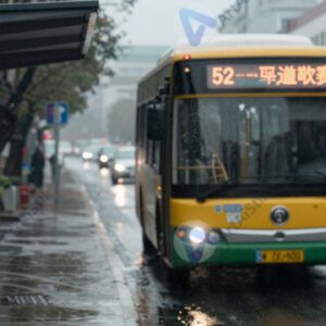 Автобус подъезжает к остановке в дождливую погоду